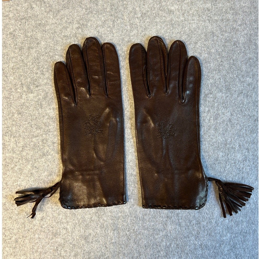 Philip Treacy London Leather Tassel Gloves Brown Silk Lined Embroidered Size‎ 7